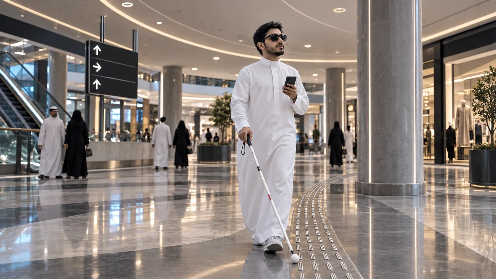 A blind man wearing sunglasses, holding a white cane and a phone, walks confidently along a tactile guide path inside a shopping mall.