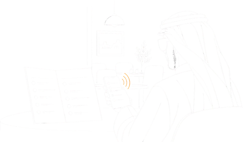 Line drawing of a man seated in a restaurant reading the menu through his phone.