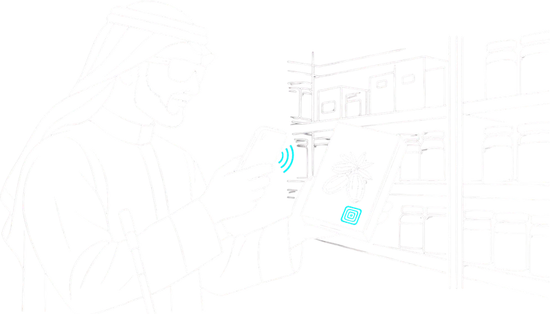 Line drawing of a man pointing his phone at a product package carrying a Noor Path tag, in front of store shelves.